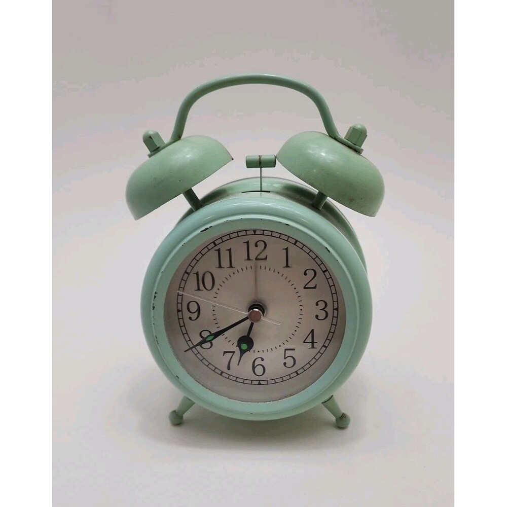 Pottery Barn Kids Green Twin Bell Clock Alarm Glow Hands Battery Opperated